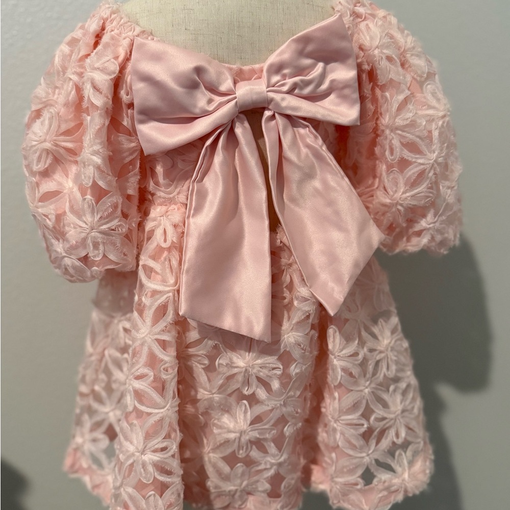 Jessica Simpson Girls Pink Lace Dress w/ Bow & Matching Headband - Picture 2 of 6